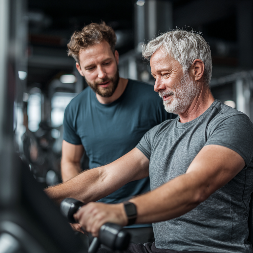 Professional fitness trainer working with mature adult client in modern gym setting
